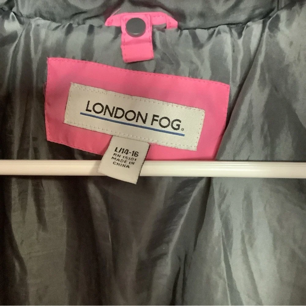 London Fog Girls Size L 14-16 Pink Faux Fur Puffer Hooded Jacket Coat W/plaid